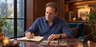 Using Tarot Cards for Predictions Man writing in a notebook beside three tarot cards at a burgundy marble table.