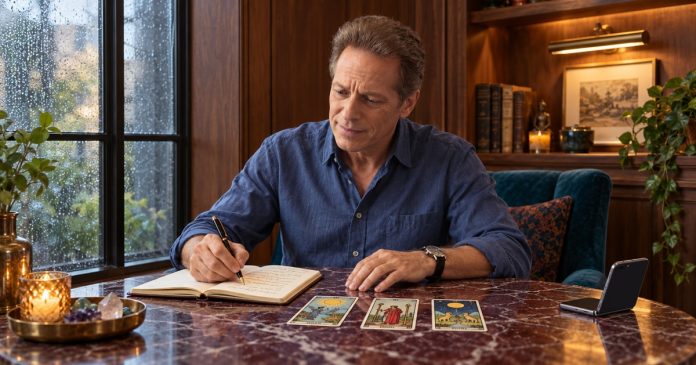 Man writing in a notebook beside three tarot cards at a burgundy marble table.