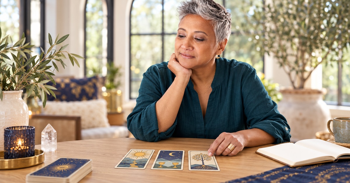 Silver-haired woman studying three tarot cards beside a journal at a sunlit table.