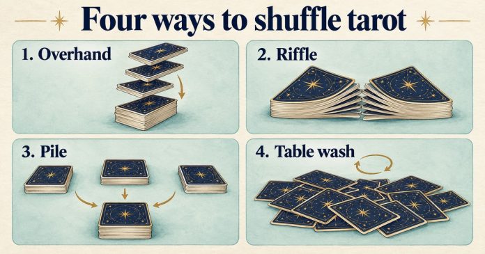 Four tarot shuffling methods Four tarot shuffling methods: overhand packets, interleaved riffle halves, dealt piles and cards mixed in a table wash
