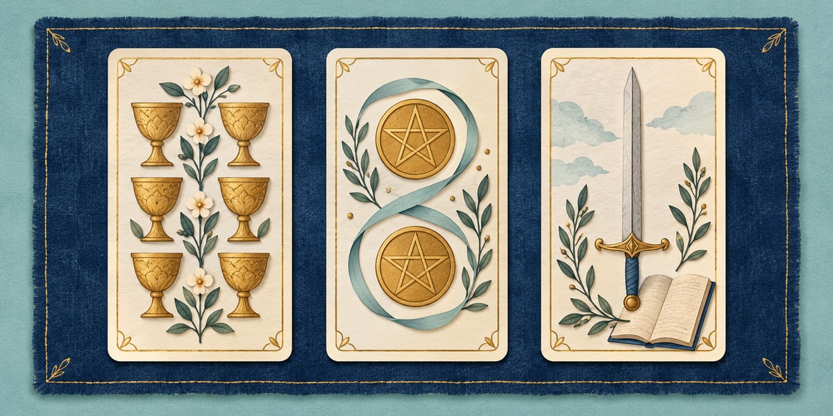 Three illustrated cards showing six cups, two pentacles and a sword with an open notebook