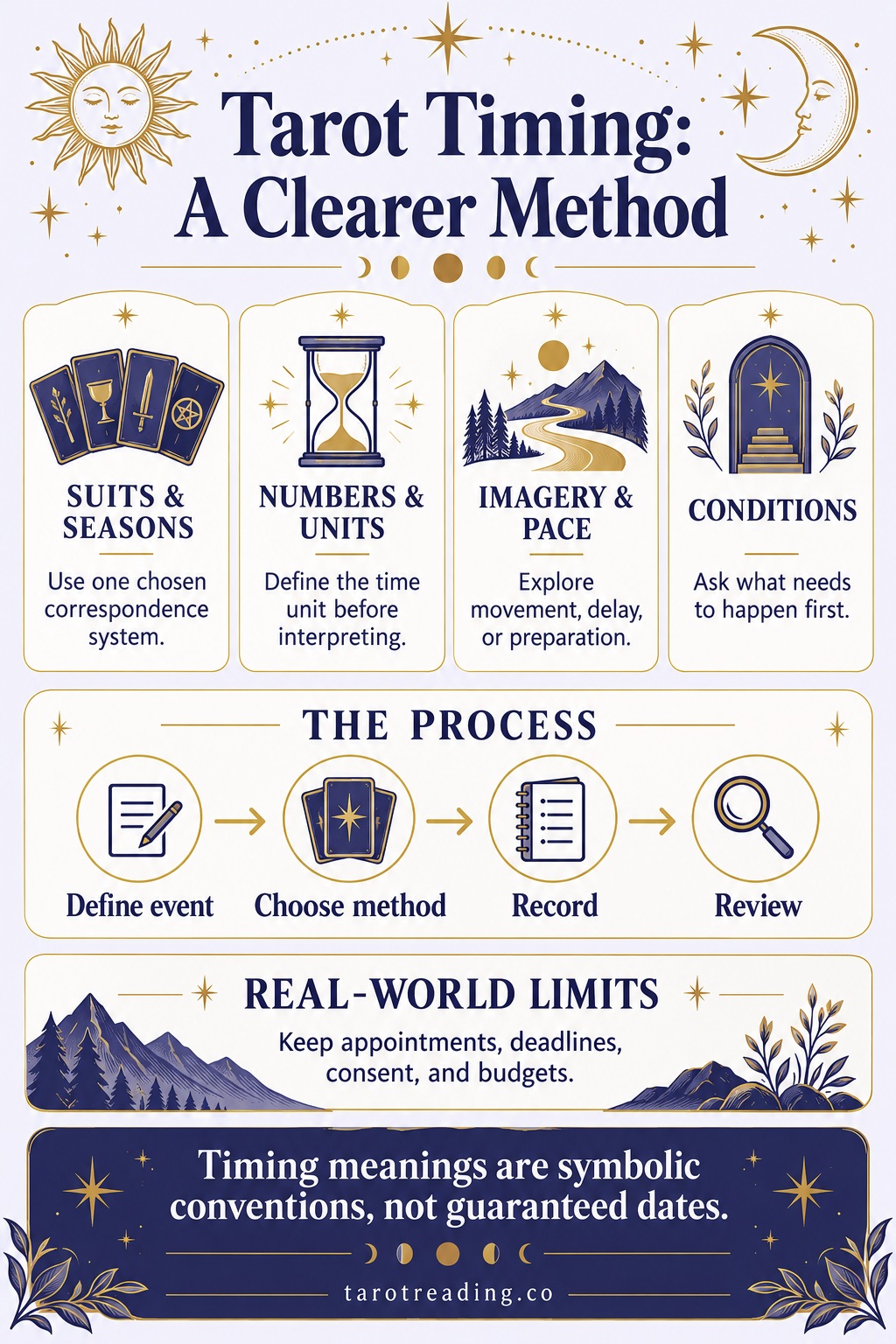 Tarot Timing: A Clearer Method — a visual guide with practical steps and limits.
