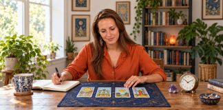 Tarot Timing Methods: Seasons, Suits and Realistic Limits A long-haired woman studies a tarot spread and writes notes beside a clock and amethyst in a reading room.