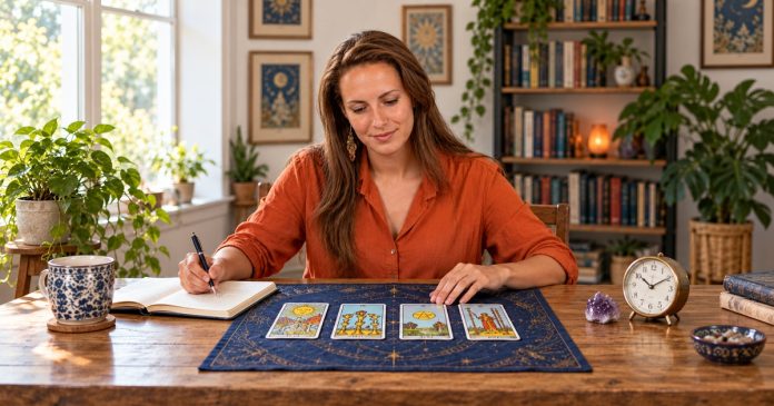 Tarot Timing Methods — New Reader Model A long-haired woman studies a tarot spread and writes notes beside a clock and amethyst in a reading room.