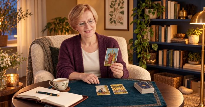 Weekly tarot wellbeing check-in Woman holding the Three of Cups beside two tarot cards, a journal and tea in a warm reading nook