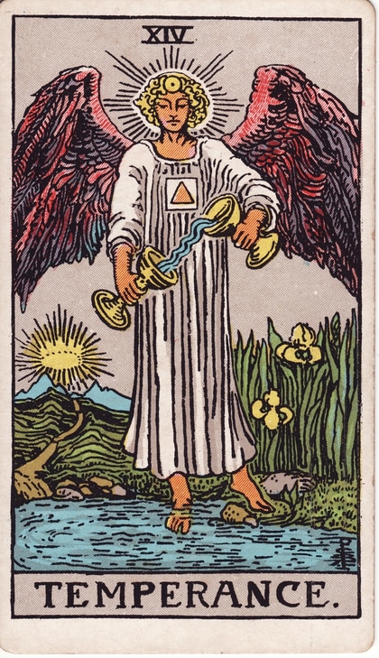 Temperance XIV: a winged figure pours between two cups, with one foot on land and one in water, beside a path toward distant light.