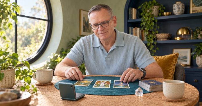 Temperance tarot: finding a workable mix Gray-haired man with rectangular glasses arranging tarot cards, including Temperance, beside two cups and a teal folding phone on a cork table.