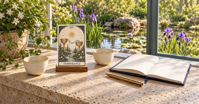 Temperance card with two illustrated chalices beside cream cups, an open notebook and a brass pen overlooking a pond.