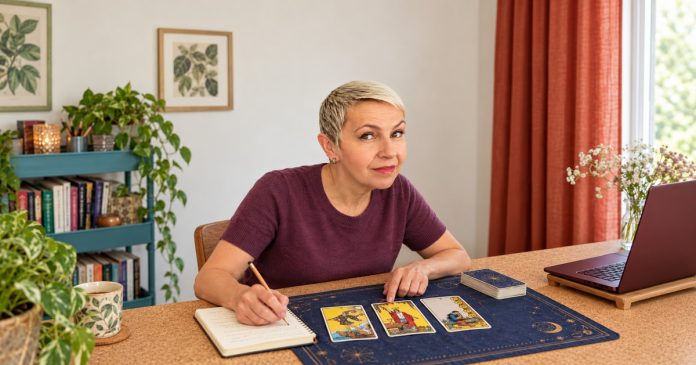 Learning tarot through a small card study selection Woman studying three tarot cards on an indigo mat, pointing to the Magician and writing in a notebook.