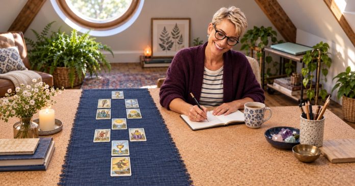 Tree of Life tarot spread practice Woman with short blonde hair and black glasses taking notes beside ten tarot cards arranged in a Tree of Life layout.