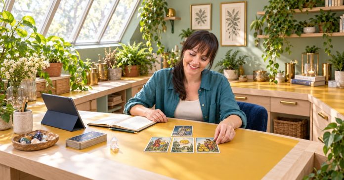 Dark-haired woman arranging four tarot cards beside a notebook, quartz and slate-blue tablet on a yellow-inset wooden workbench.