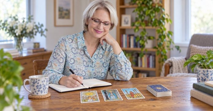 Why the Same Tarot Card Keeps Appearing in Readings — editorial cover Woman reviewing a small tarot spread and journaling her observations