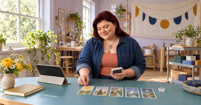 World Tarot Day — enjoying a five-card annual spread A woman arranges five illustrated tarot cards on a teal studio table beside a tablet, a gold notebook and flowers.